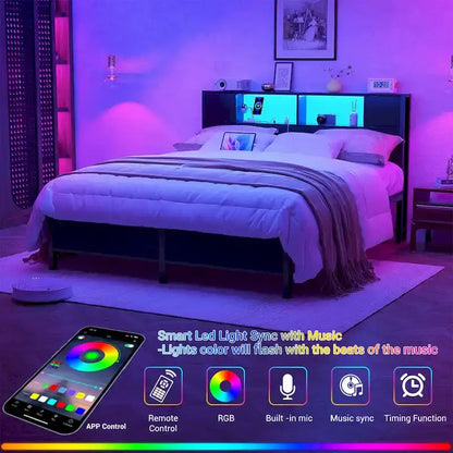 Cadre de lit plateforme avec tête de lit de rangement, station de charge et éclairage LED