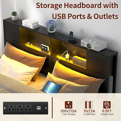 Cadre de lit plateforme avec tête de lit de rangement, station de charge et éclairage LED