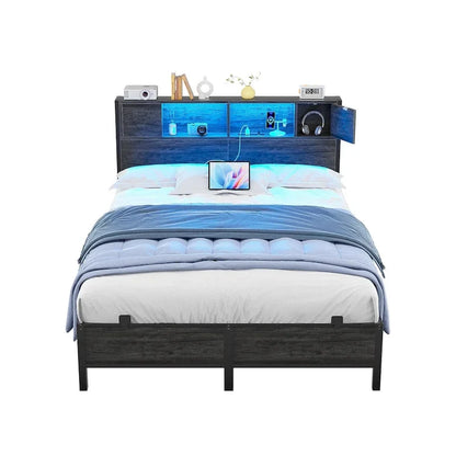 Cadre de lit plateforme avec tête de lit de rangement, station de charge et éclairage LED