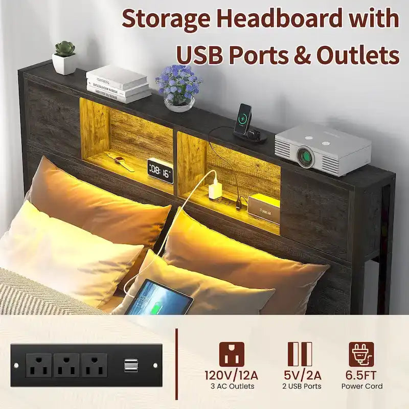 Cadre de lit plateforme avec tête de lit de rangement, station de charge et éclairage LED