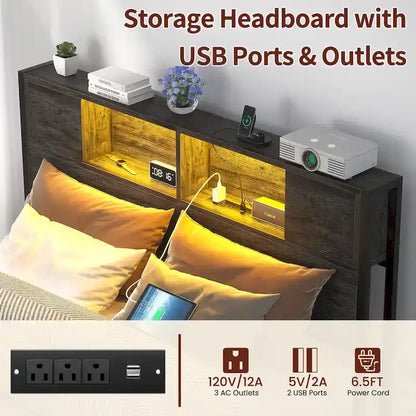 Cadre de lit plateforme avec tête de lit de rangement, station de charge et éclairage LED