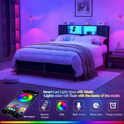 Cadre de lit plateforme avec tête de lit de rangement, station de charge et éclairage LED