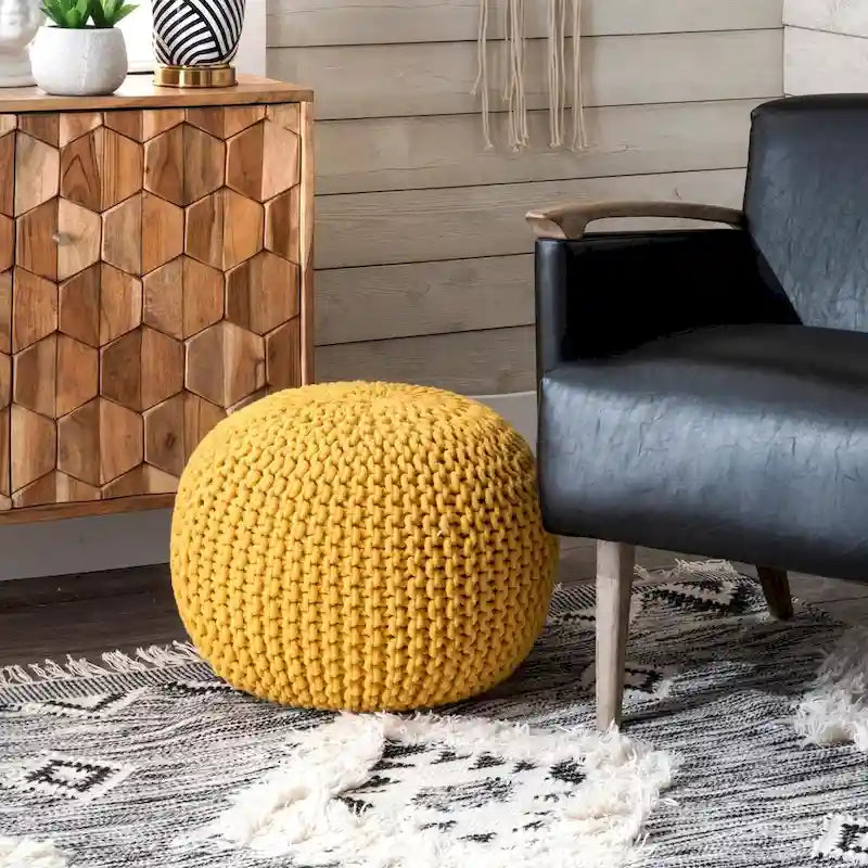 Pouf ottoman rond rembourré en tricot Nuloom Ling