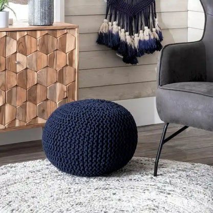 Pouf ottoman rond rembourré en tricot Nuloom Ling