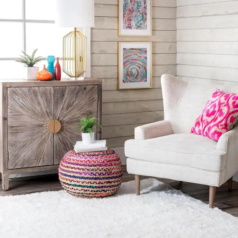 Pouf ottoman rond rembourré en tricot Nuloom Ling