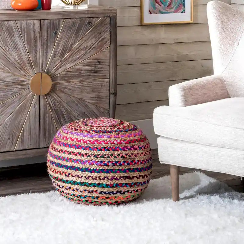 Pouf ottoman rond rembourré en tricot Nuloom Ling