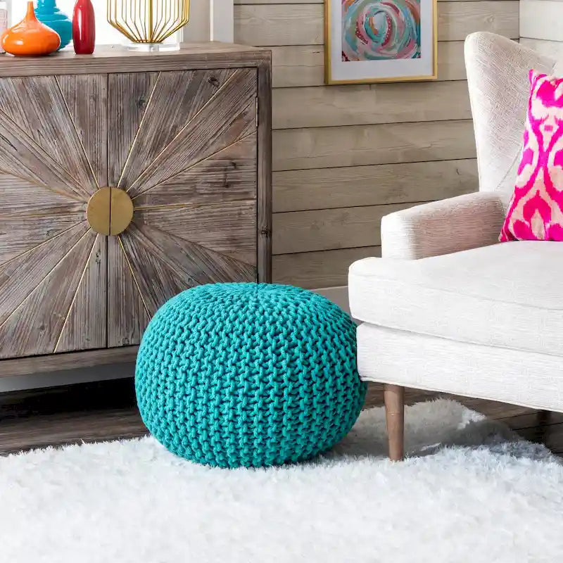 Pouf ottoman rond rembourré en tricot Nuloom Ling