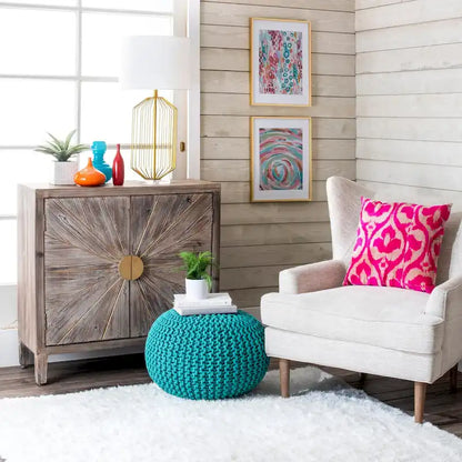 Pouf ottoman rond rembourré en tricot Nuloom Ling