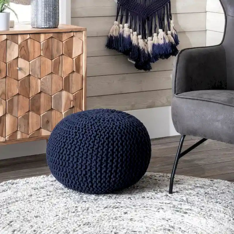 Pouf ottoman rond rembourré en tricot Nuloom Ling