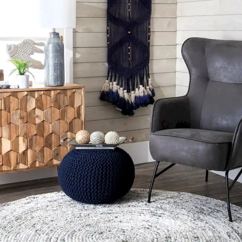 Pouf ottoman rond rembourré en tricot Nuloom Ling