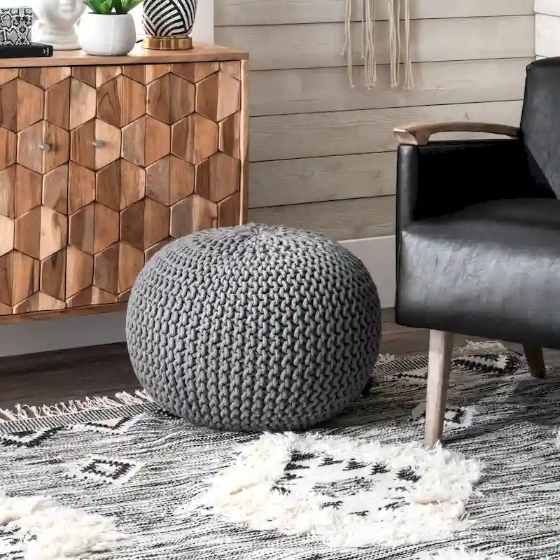 Pouf ottoman rond rembourré en tricot Nuloom Ling
