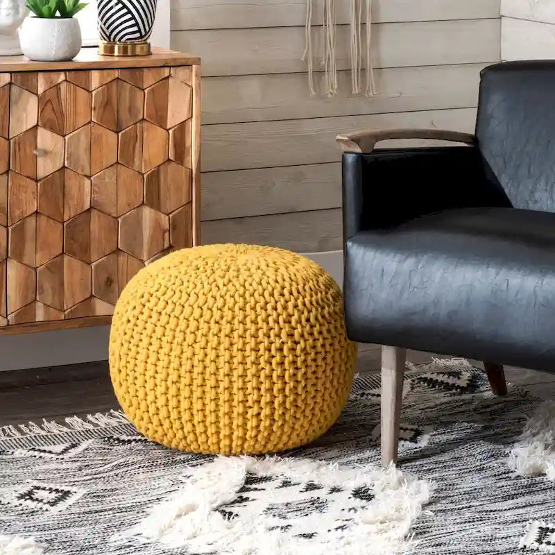 Pouf ottoman rond rembourré en tricot Nuloom Ling