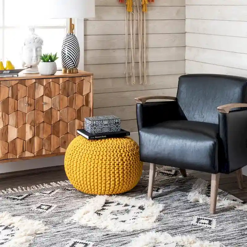 Pouf ottoman rond rembourré en tricot Nuloom Ling