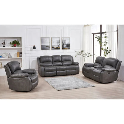 Ensemble de salon 3 pièces Betsy Furniture en cuir reconstitué avec fauteuil inclinable électrique, comprenant canapé, causeuse et fauteuil.