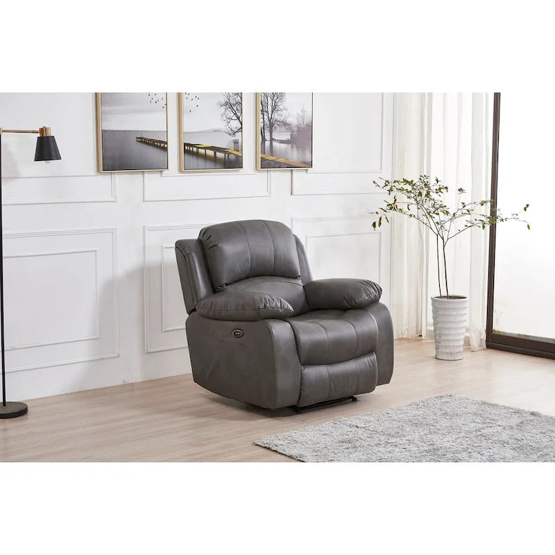 Ensemble de salon 3 pièces Betsy Furniture en cuir reconstitué avec fauteuil inclinable électrique, comprenant canapé, causeuse et fauteuil.