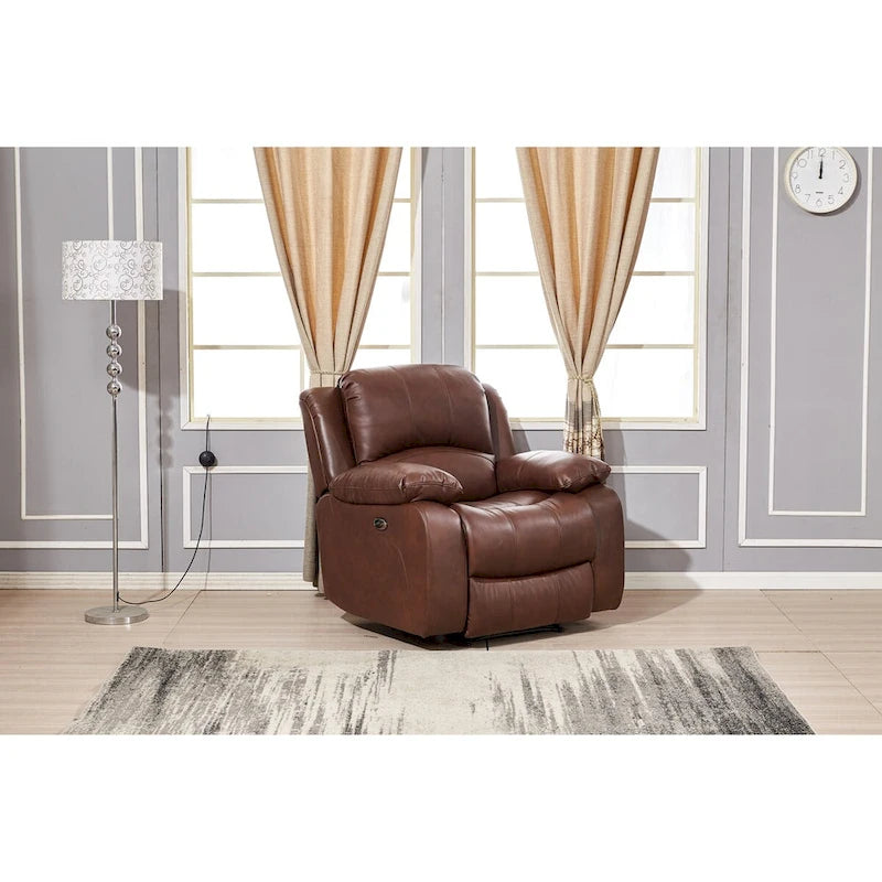 Ensemble de salon 3 pièces Betsy Furniture en cuir reconstitué avec fauteuil inclinable électrique, comprenant canapé, causeuse et fauteuil.