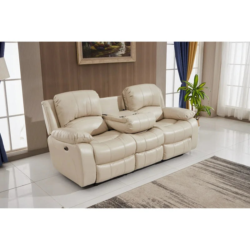 Ensemble de salon 3 pièces Betsy Furniture en cuir reconstitué avec fauteuil inclinable électrique, comprenant canapé, causeuse et fauteuil.