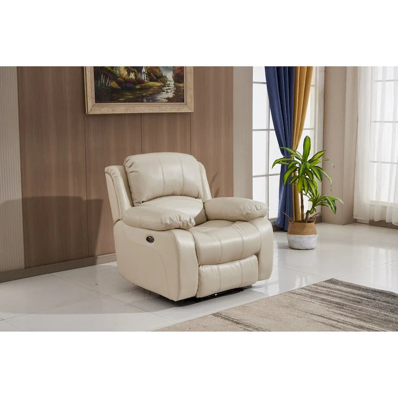 Ensemble de salon 3 pièces Betsy Furniture en cuir reconstitué avec fauteuil inclinable électrique, comprenant canapé, causeuse et fauteuil.