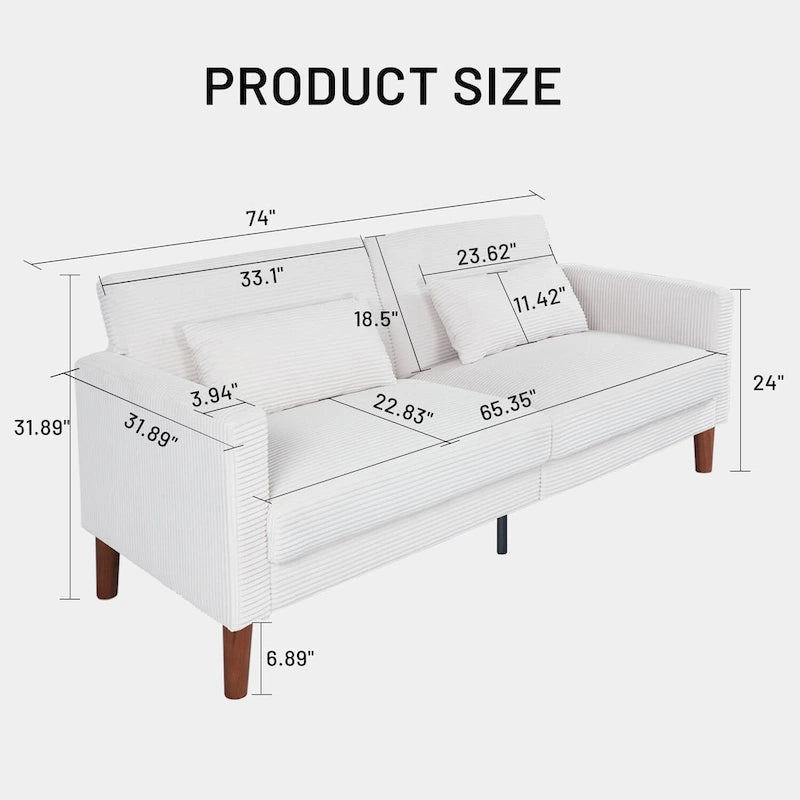 Canapé deux places en velours côtelé avec 2 coussins pour salon et chambre