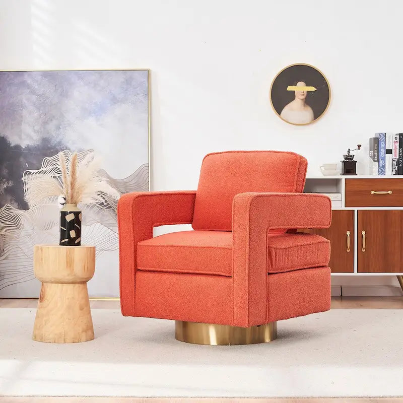 Fauteuil pivotant Ouyessir moderne, capitonné, avec dossier creux et base dorée