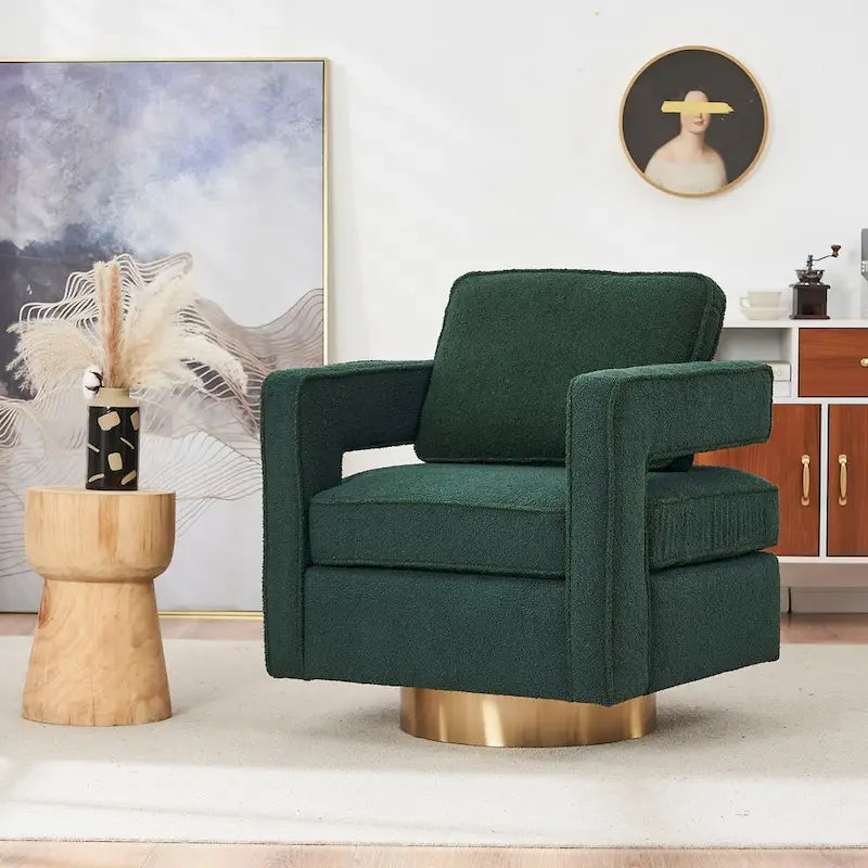 Fauteuil pivotant Ouyessir moderne, capitonné, avec dossier creux et base dorée