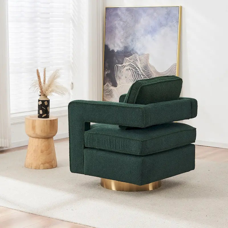 Fauteuil pivotant Ouyessir moderne, capitonné, avec dossier creux et base dorée