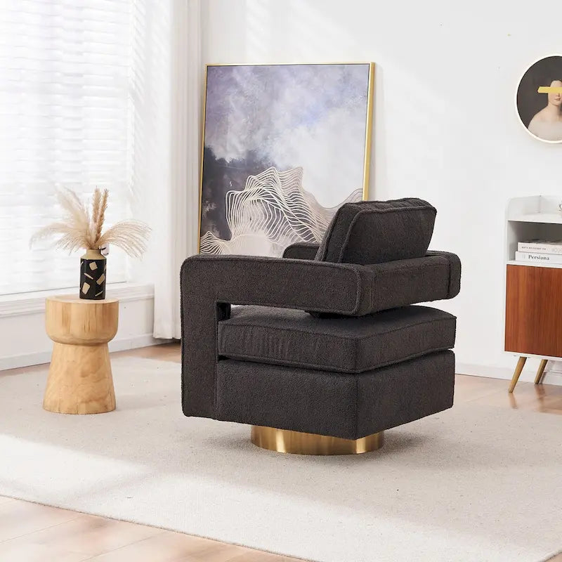 Fauteuil pivotant Ouyessir moderne, capitonné, avec dossier creux et base dorée