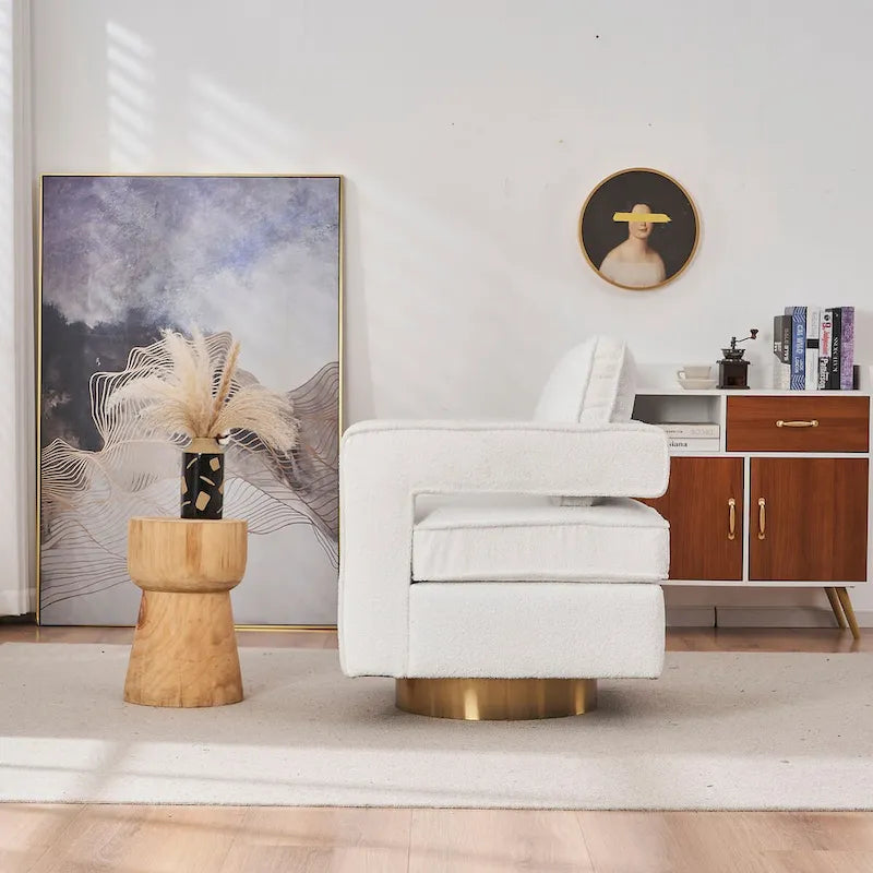 Fauteuil pivotant Ouyessir moderne, capitonné, avec dossier creux et base dorée