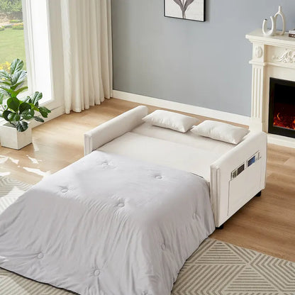 Canapé-lit convertible deux places en lin moderne avec dossier réglable, lit gigogne et 2 coussins lombaires