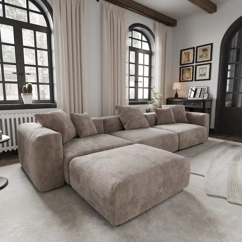 Canapé d'angle moderne avec 5 coussins, luxueux canapé d'angle modulable avec méridienne et pouf