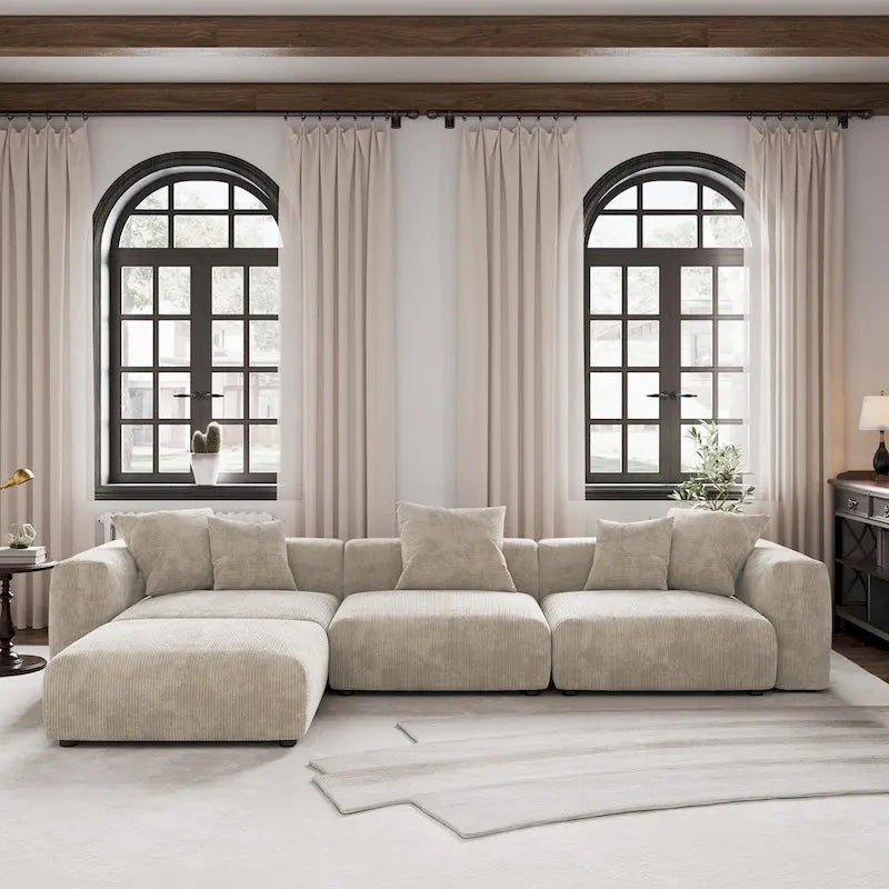 Modern Sectional Couch Sofa with 5 Pillows, Luxurious Modular Sectional Couch with Chaise Ottoman