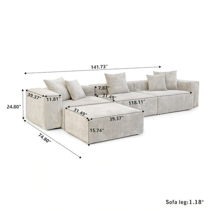Canapé d'angle moderne avec 5 coussins, luxueux canapé d'angle modulable avec méridienne et pouf