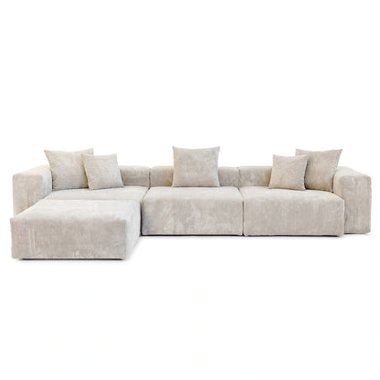 Canapé d'angle moderne avec 5 coussins, luxueux canapé d'angle modulable avec méridienne et pouf
