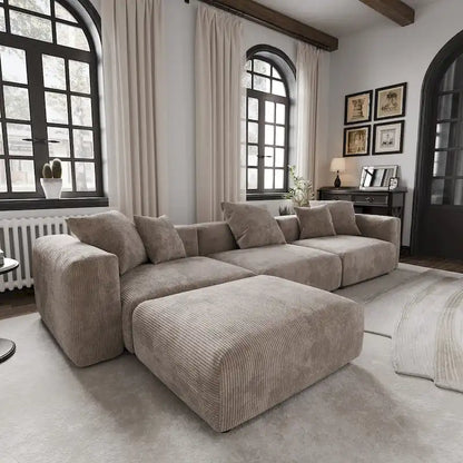 Canapé d'angle moderne avec 5 coussins, luxueux canapé d'angle modulable avec méridienne et pouf