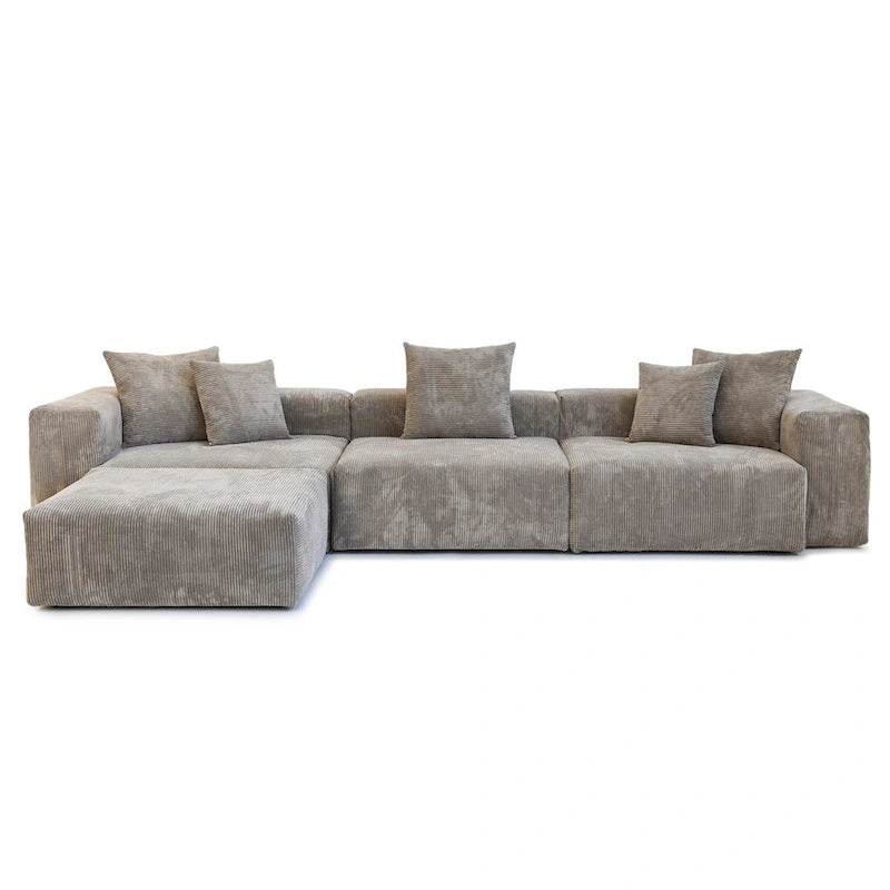Canapé d'angle moderne avec 5 coussins, luxueux canapé d'angle modulable avec méridienne et pouf
