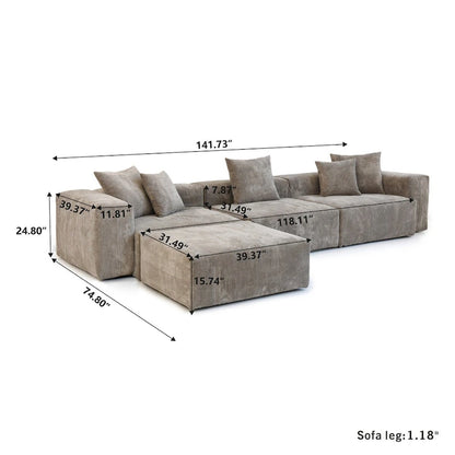 Canapé d'angle moderne avec 5 coussins, luxueux canapé d'angle modulable avec méridienne et pouf