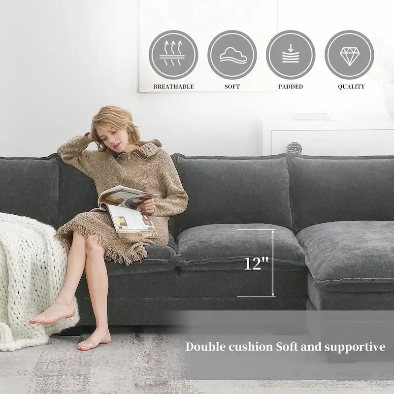 Canapé-lit moderne 5 places en forme de L avec méridienne et coussins d'assise doubles