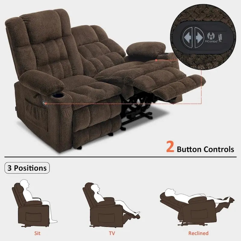 Canapé inclinable électrique MCombo, avec fonction chauffante et vibrante, porte-gobelets et ports de charge USB RS6314