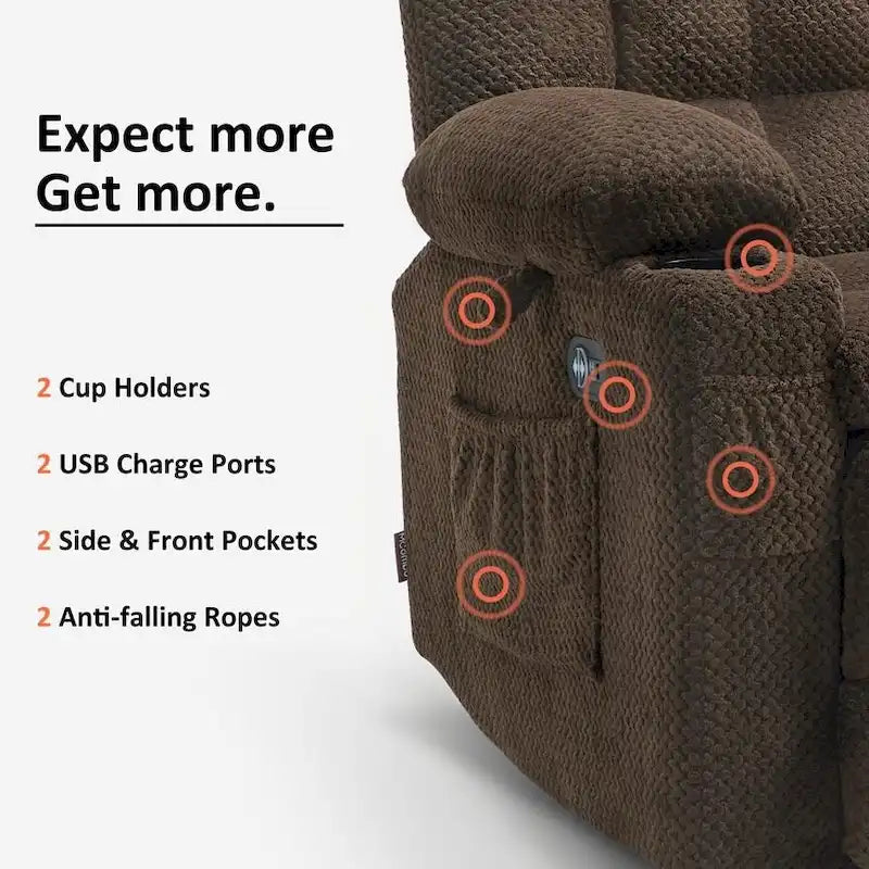 Canapé inclinable électrique MCombo, avec fonction chauffante et vibrante, porte-gobelets et ports de charge USB RS6314