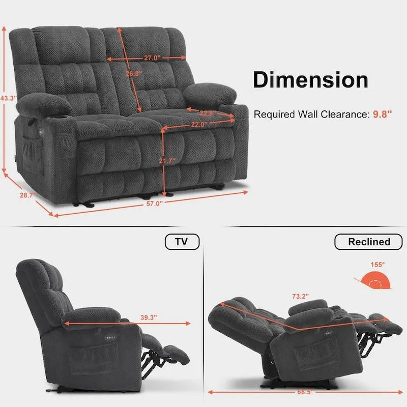 Canapé inclinable électrique MCombo, avec fonction chauffante et vibrante, porte-gobelets et ports de charge USB RS6314
