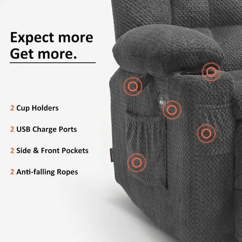 Canapé inclinable électrique MCombo, avec fonction chauffante et vibrante, porte-gobelets et ports de charge USB RS6314