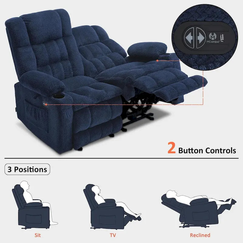 Canapé inclinable électrique MCombo, avec fonction chauffante et vibrante, porte-gobelets et ports de charge USB RS6314