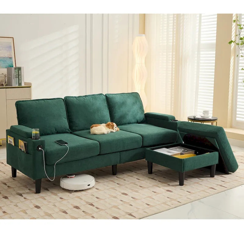 Canapé d'angle en tissu en forme de L avec pouf de rangement et port USB