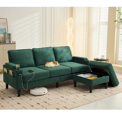 Canapé d'angle en tissu en forme de L avec pouf de rangement et port USB