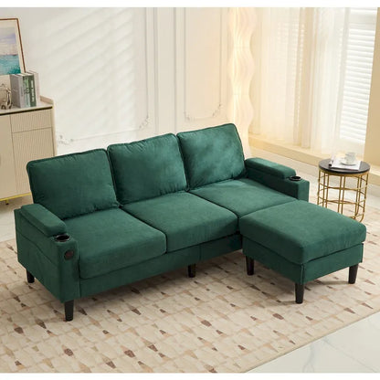 Canapé d'angle en tissu en forme de L avec pouf de rangement et port USB