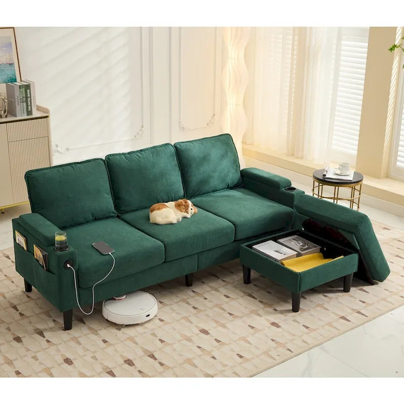 Canapé d'angle en tissu en forme de L avec pouf de rangement et port USB