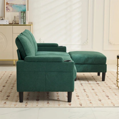 Canapé d'angle en tissu en forme de L avec pouf de rangement et port USB