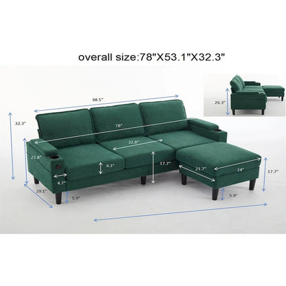 Canapé d'angle en tissu en forme de L avec pouf de rangement et port USB