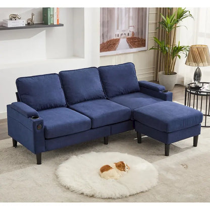 Canapé d'angle en tissu en forme de L avec pouf de rangement et port USB