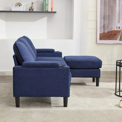 Canapé d'angle en tissu en forme de L avec pouf de rangement et port USB